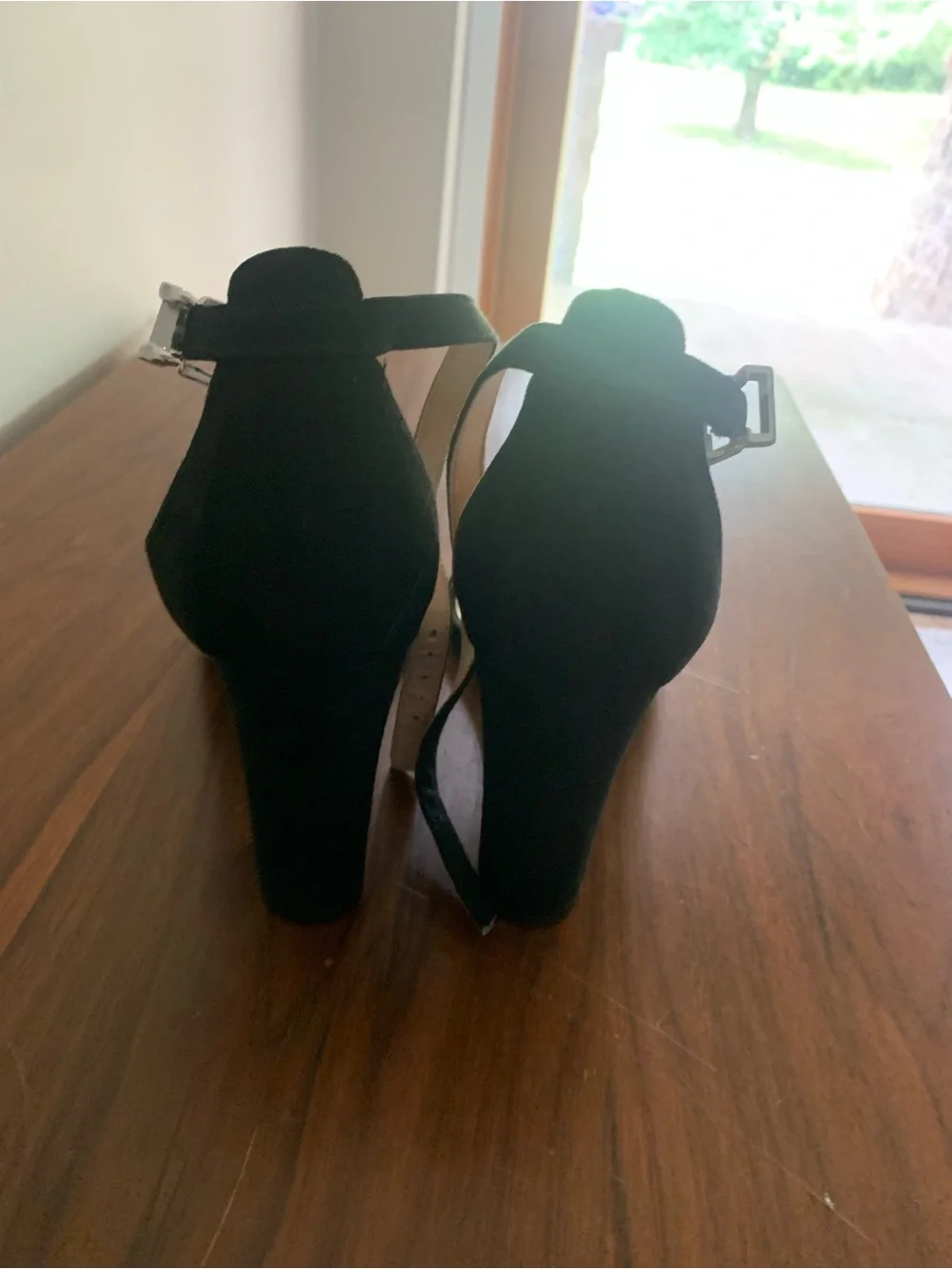 Madden NYC Black Suede Ankle-Strap Block Heel Sandals